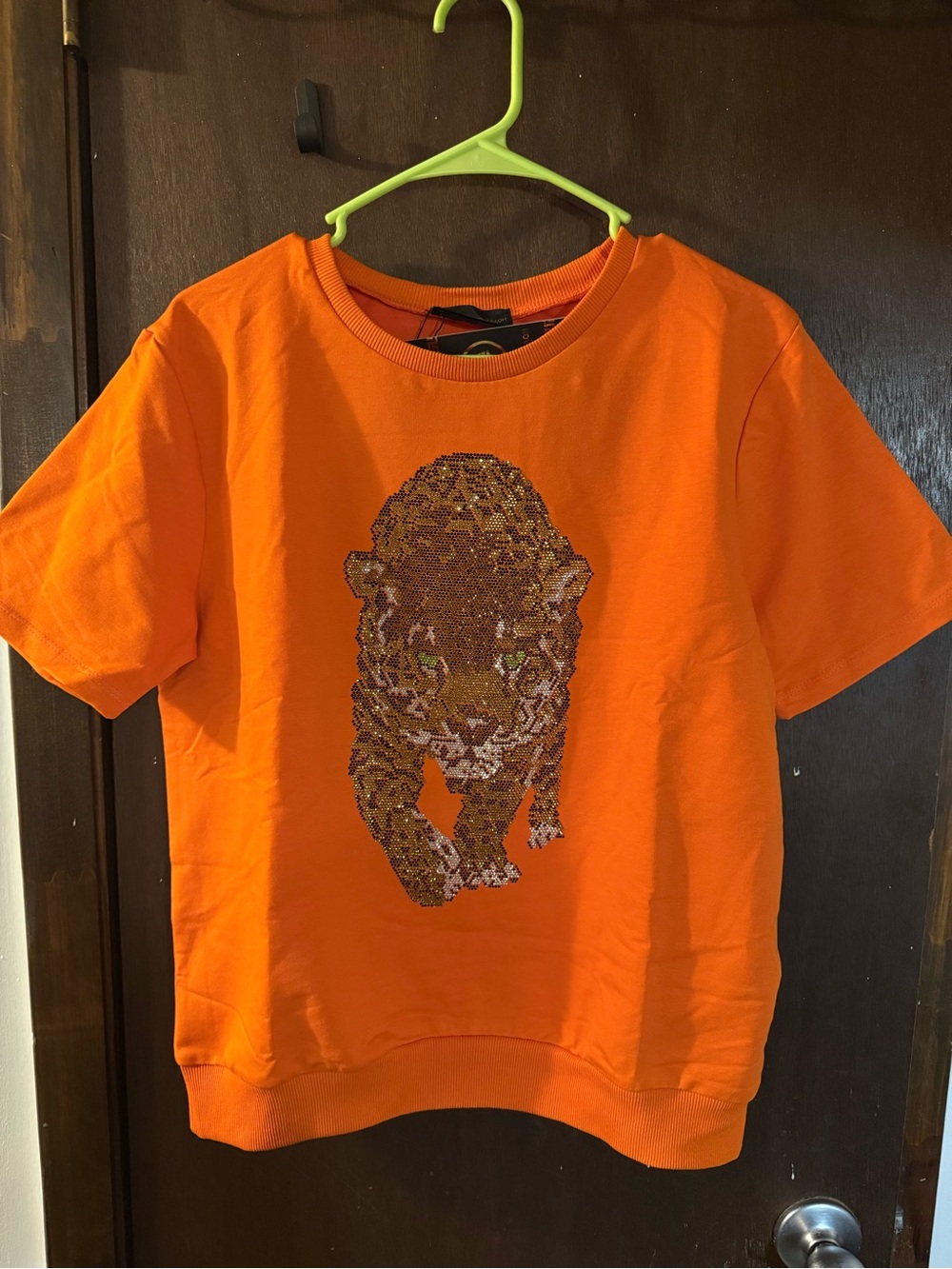 Men's Orange Short Sleeve Sequin Tiger Graphic Tee
